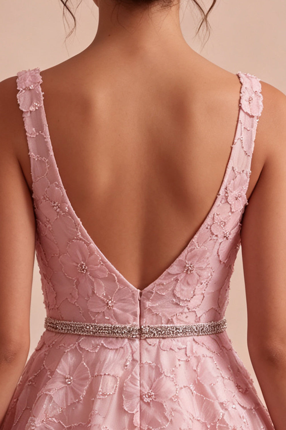 Pink A Line Floral Beaded V-Neck Short Cocktail Dress