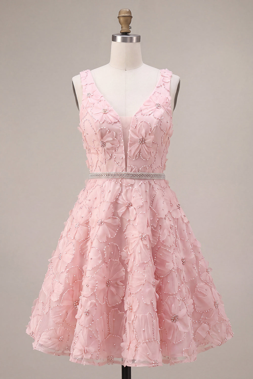 Pink A Line Floral Beaded V-Neck Short Cocktail Dress