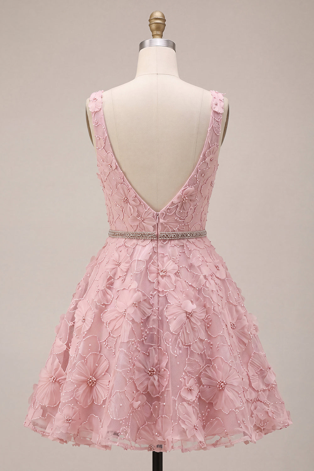 Pink A Line Floral Beaded V-Neck Short Cocktail Dress