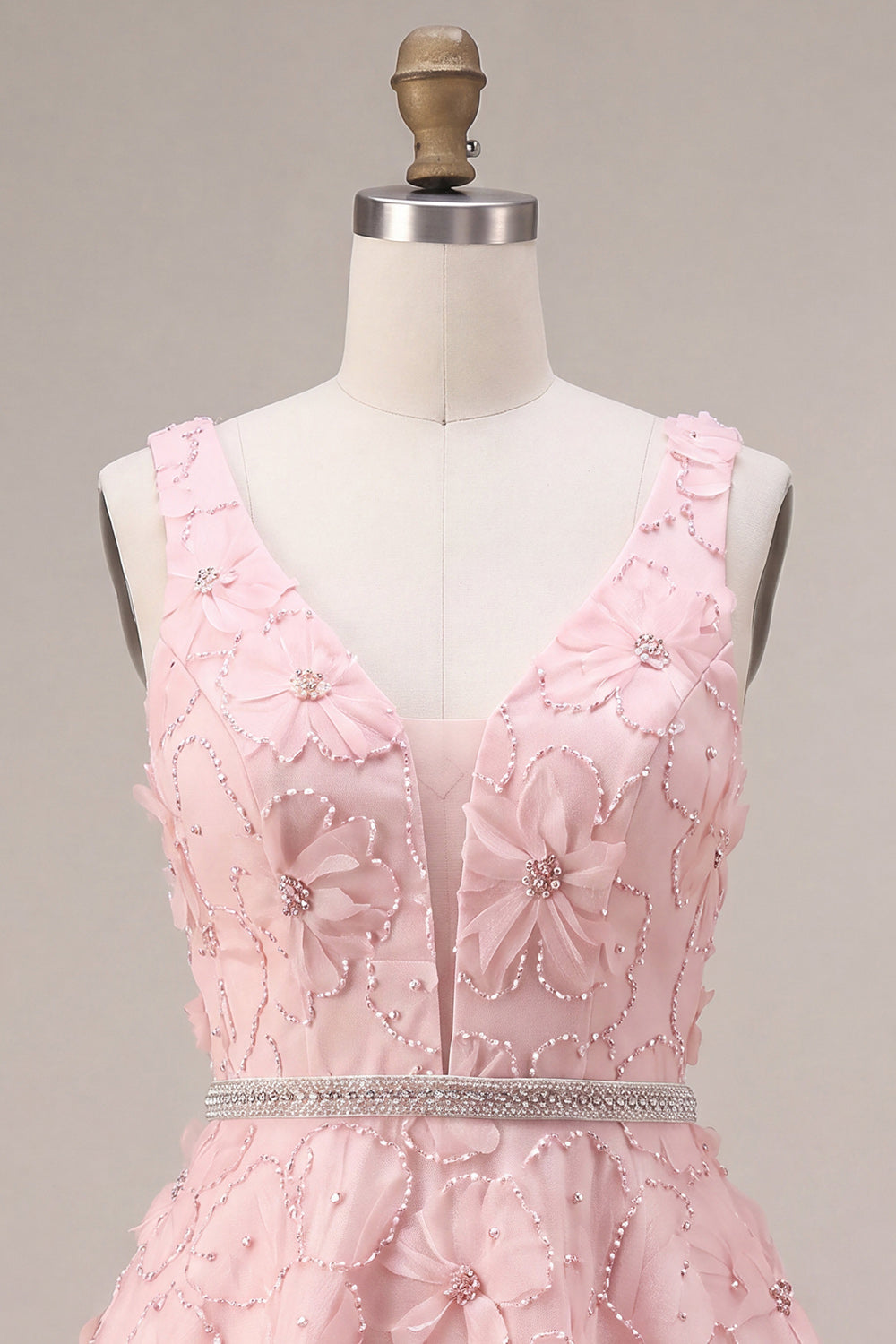 Pink A Line Floral Beaded V-Neck Short Cocktail Dress