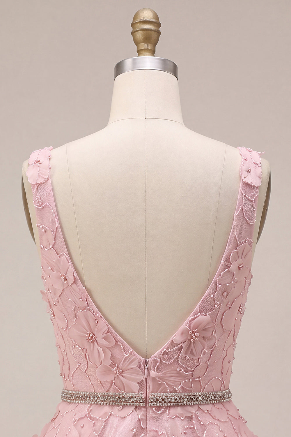 Pink A Line Floral Beaded V-Neck Short Cocktail Dress