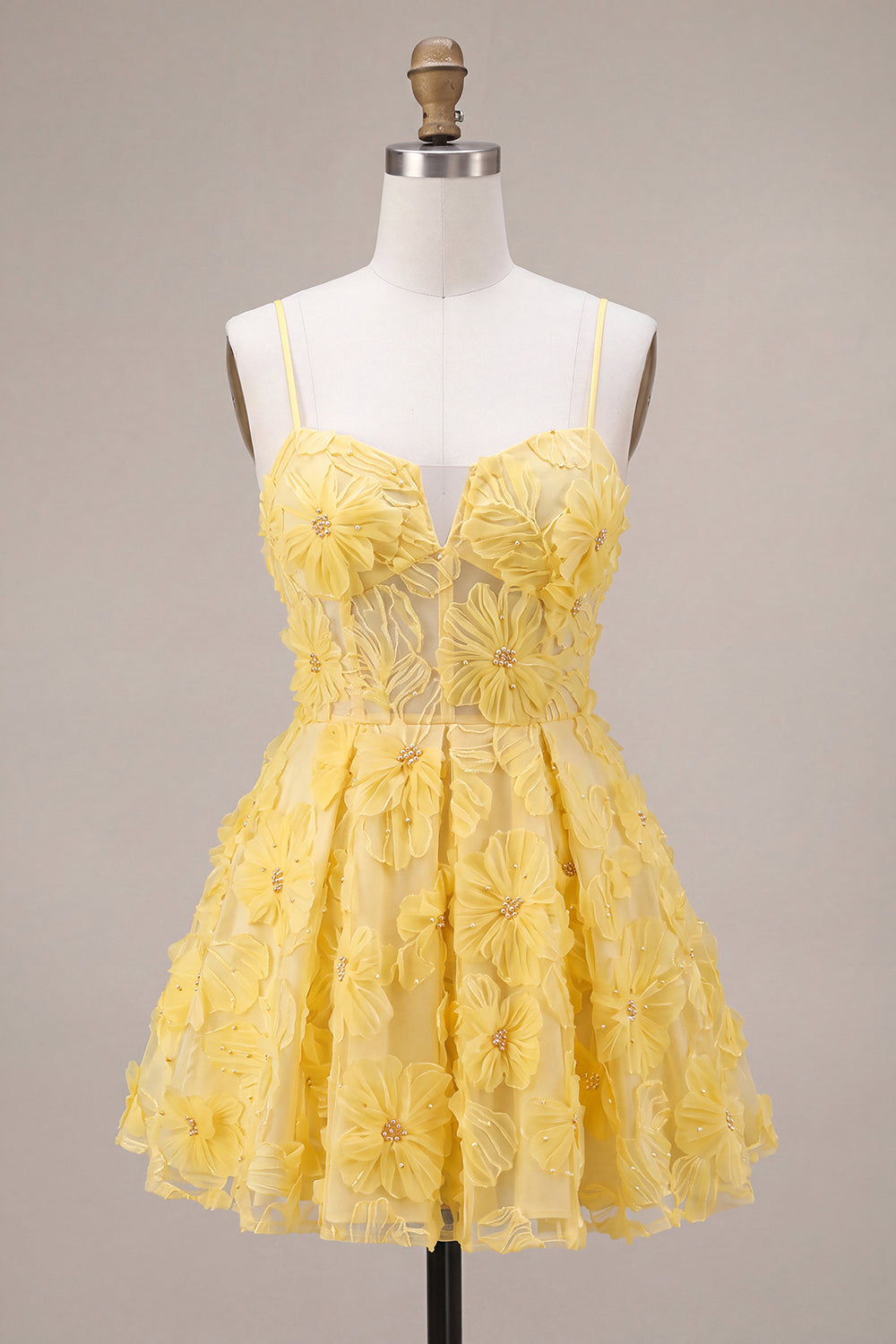 Yellow Floral A Line Corset Sparkly Beaded Short Cocktail Dress