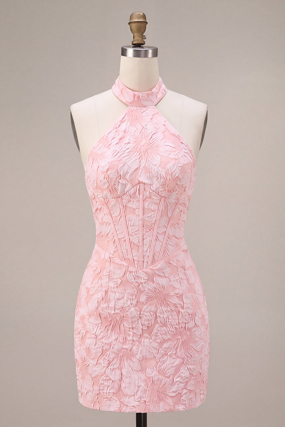 Pink Corset Halter Tight Backless Jacquard Short Cocktail Dress