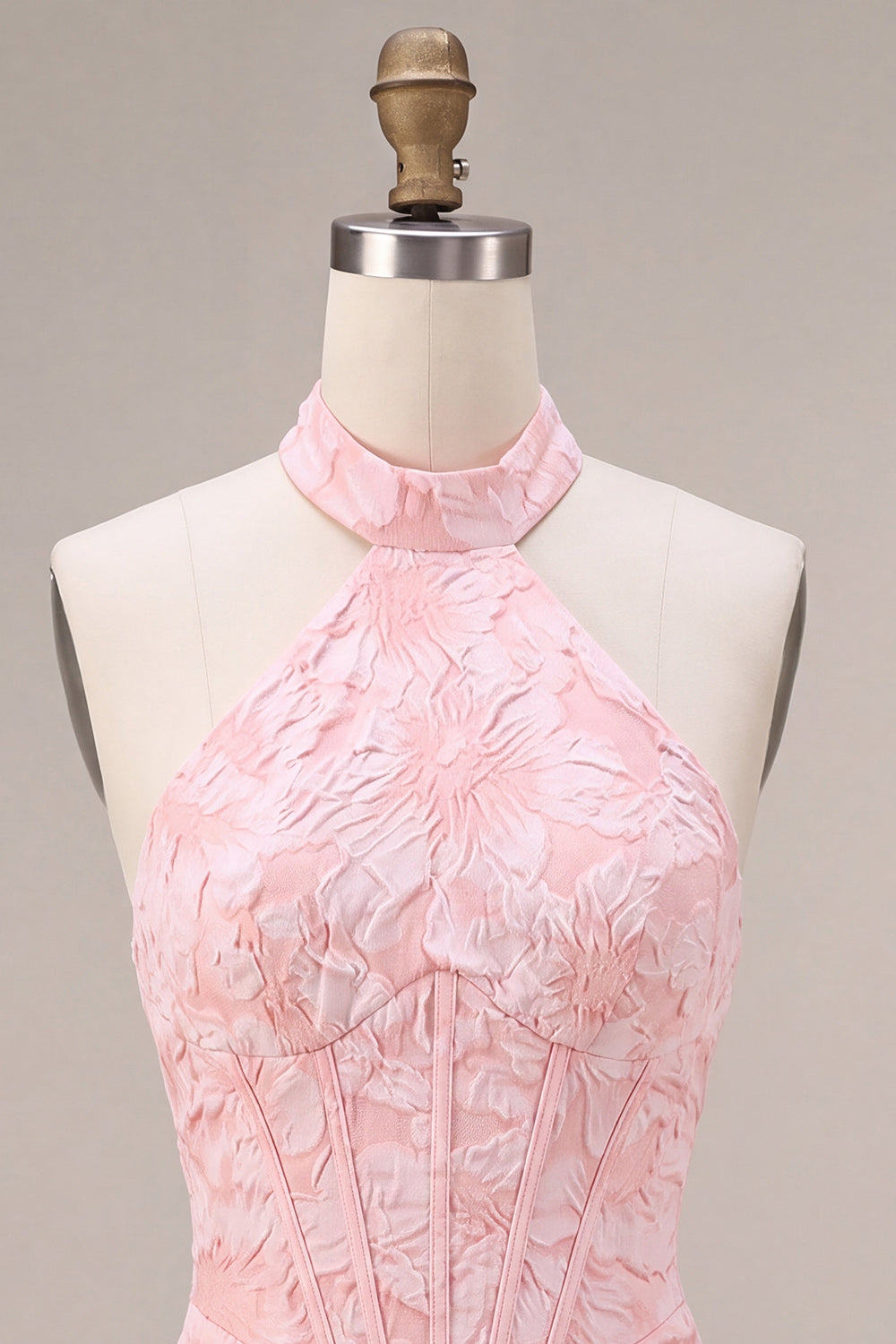 Pink Corset Halter Tight Backless Jacquard Short Cocktail Dress