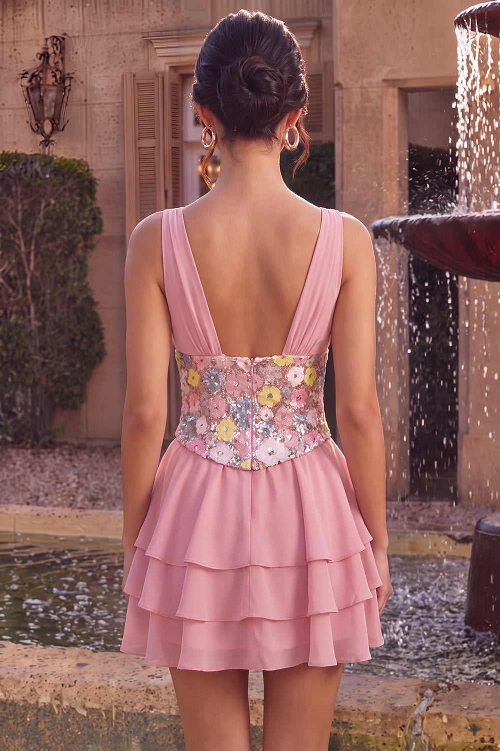 Floral Pink A Line Sparkly Sequin Tiered Ruffled Short Cocktail Dress