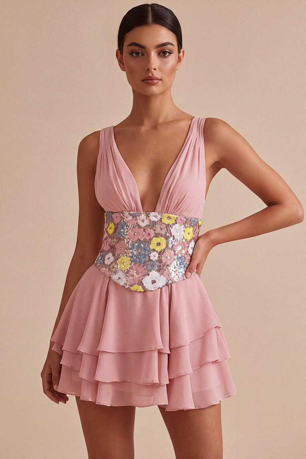 Floral Pink A Line Sparkly Sequin Tiered Ruffled Short Cocktail Dress