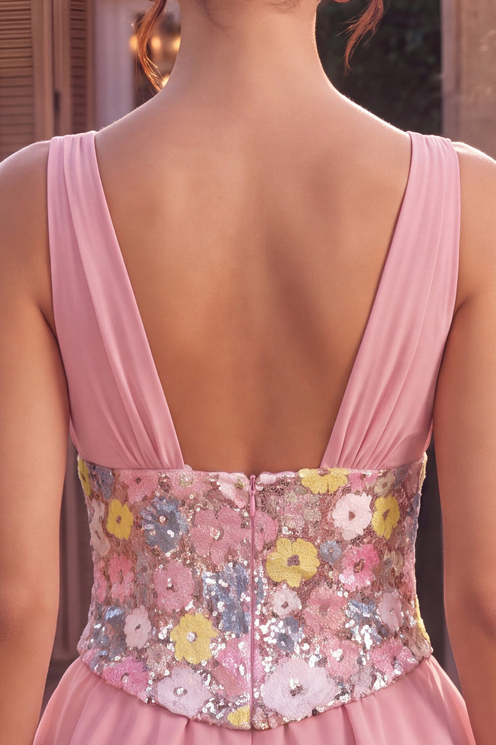 Floral Pink A Line Sparkly Sequin Tiered Ruffled Short Cocktail Dress