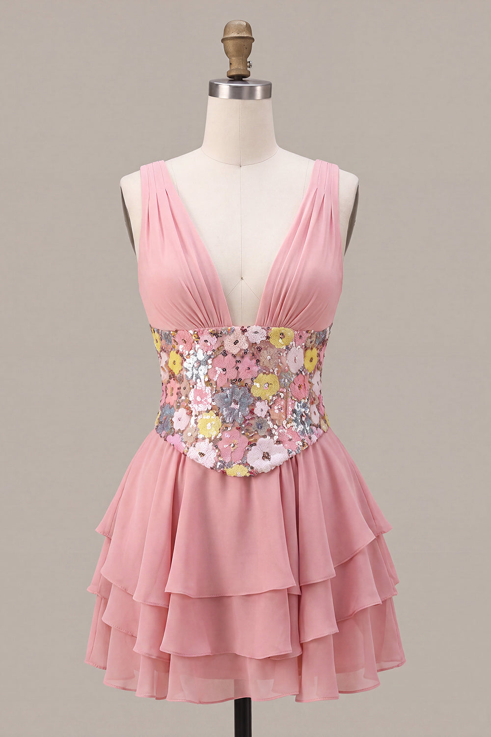 Floral Pink A Line Sparkly Sequin Tiered Ruffled Short Cocktail Dress