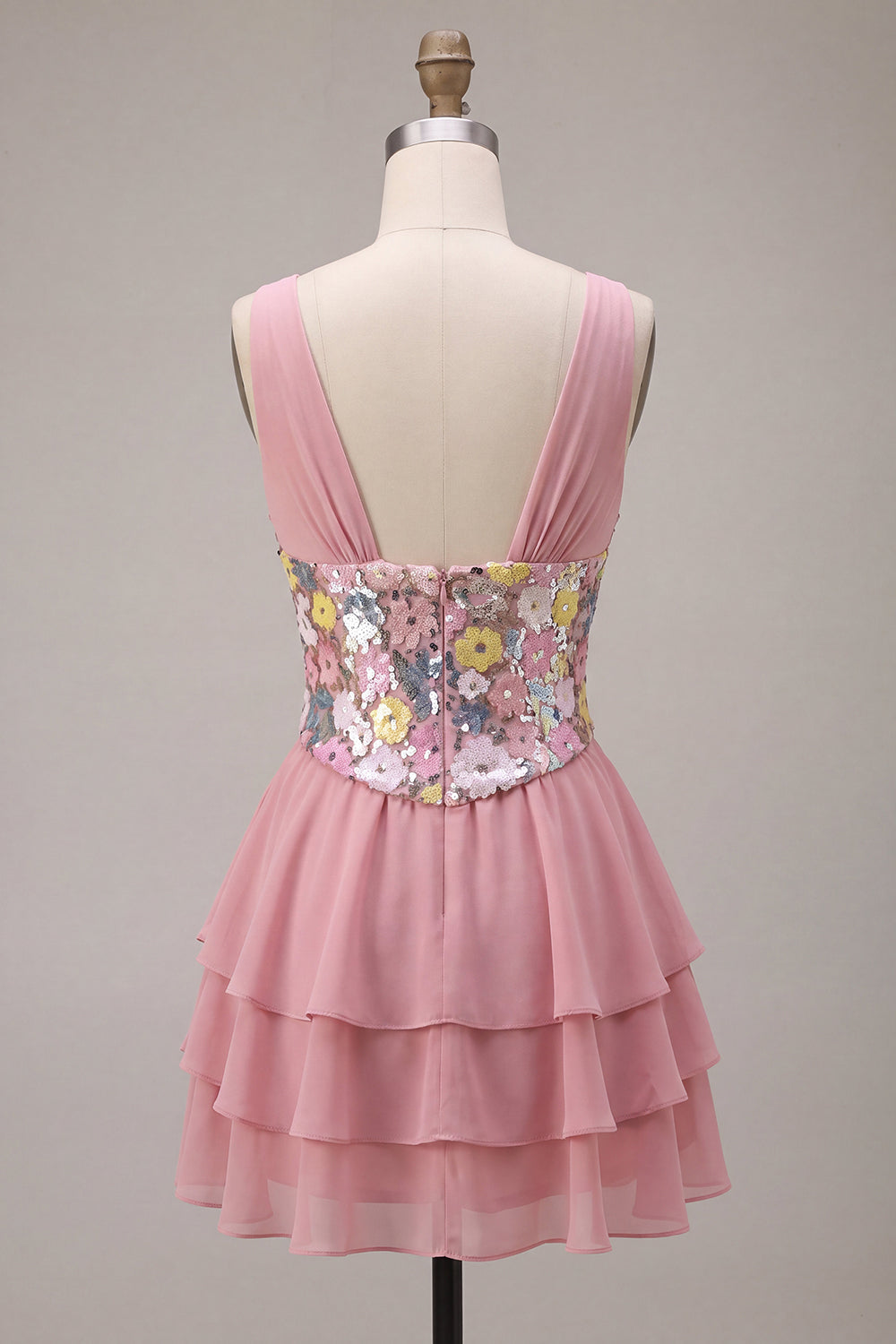 Floral Pink A Line Sparkly Sequin Tiered Ruffled Short Cocktail Dress