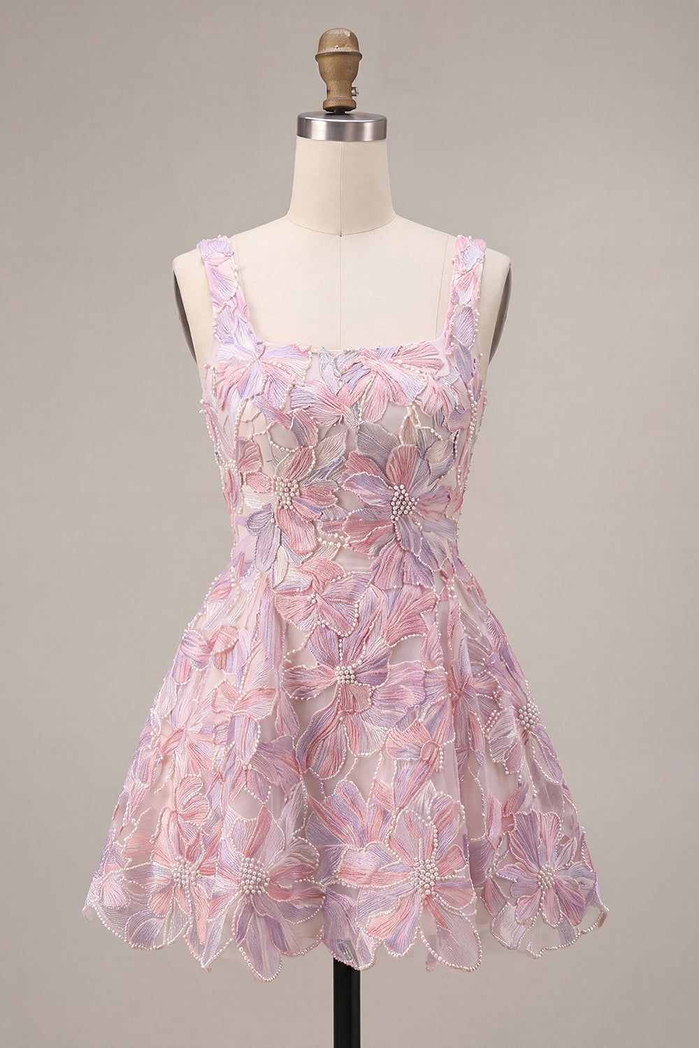 Floral Lilac A Line Beaded Embroidered Short Cocktail Dress