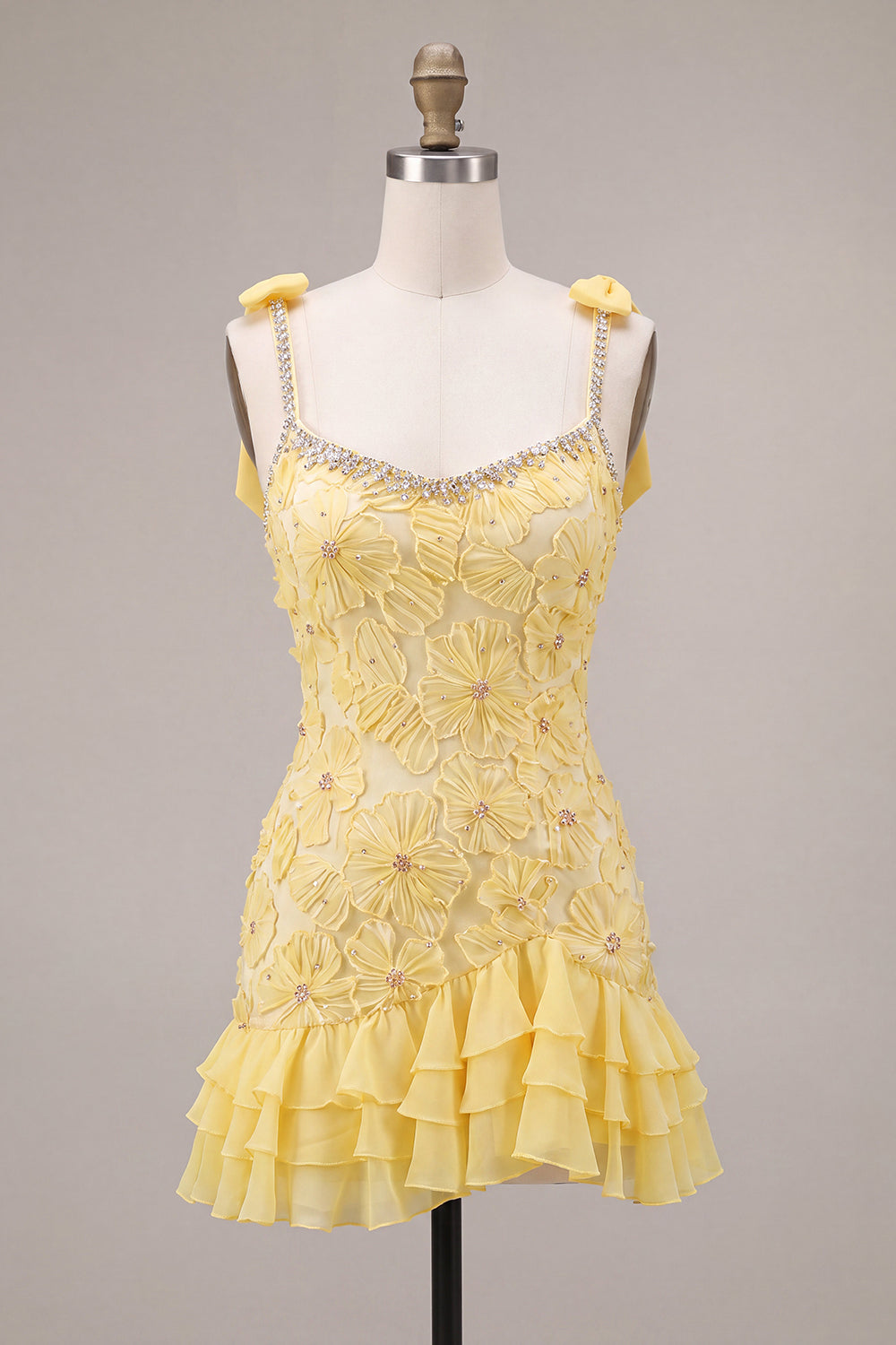 Floral Yellow Tight Sparkly Beaded Ruffled Short Cocktail Dress with Bows