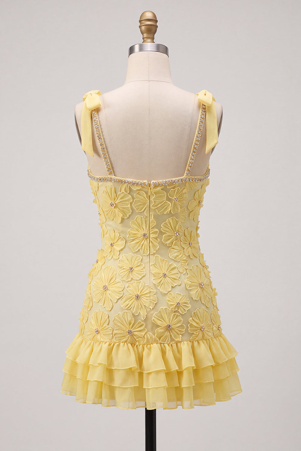 Floral Yellow Tight Sparkly Beaded Ruffled Short Cocktail Dress with Bows
