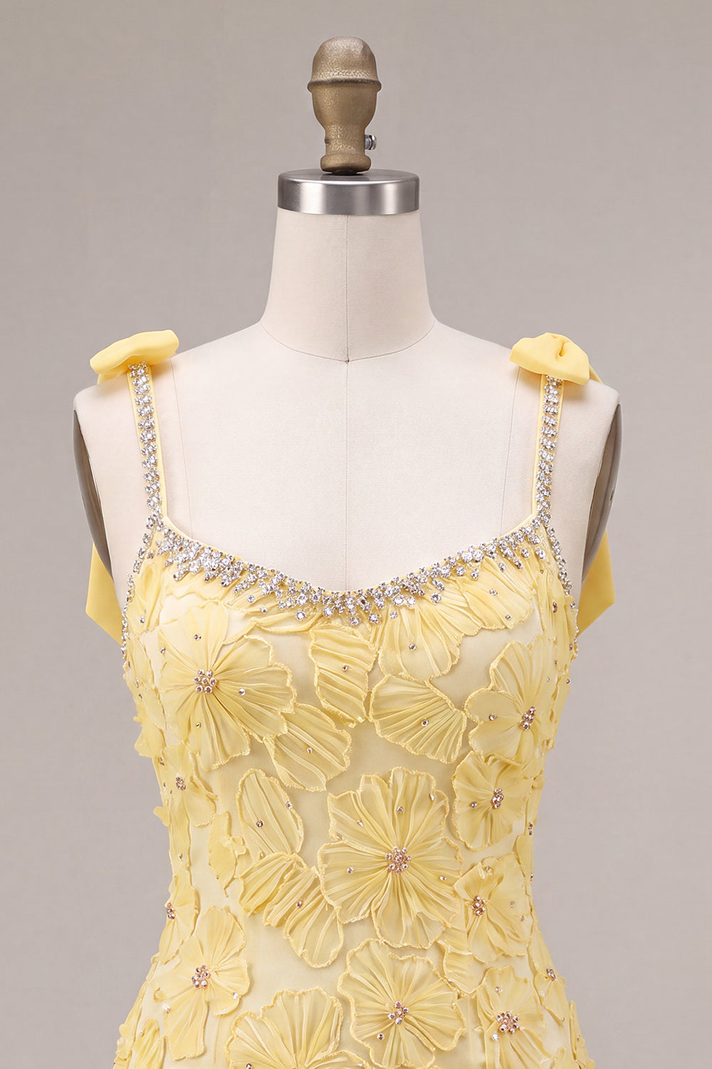Floral Yellow Tight Sparkly Beaded Ruffled Short Cocktail Dress with Bows