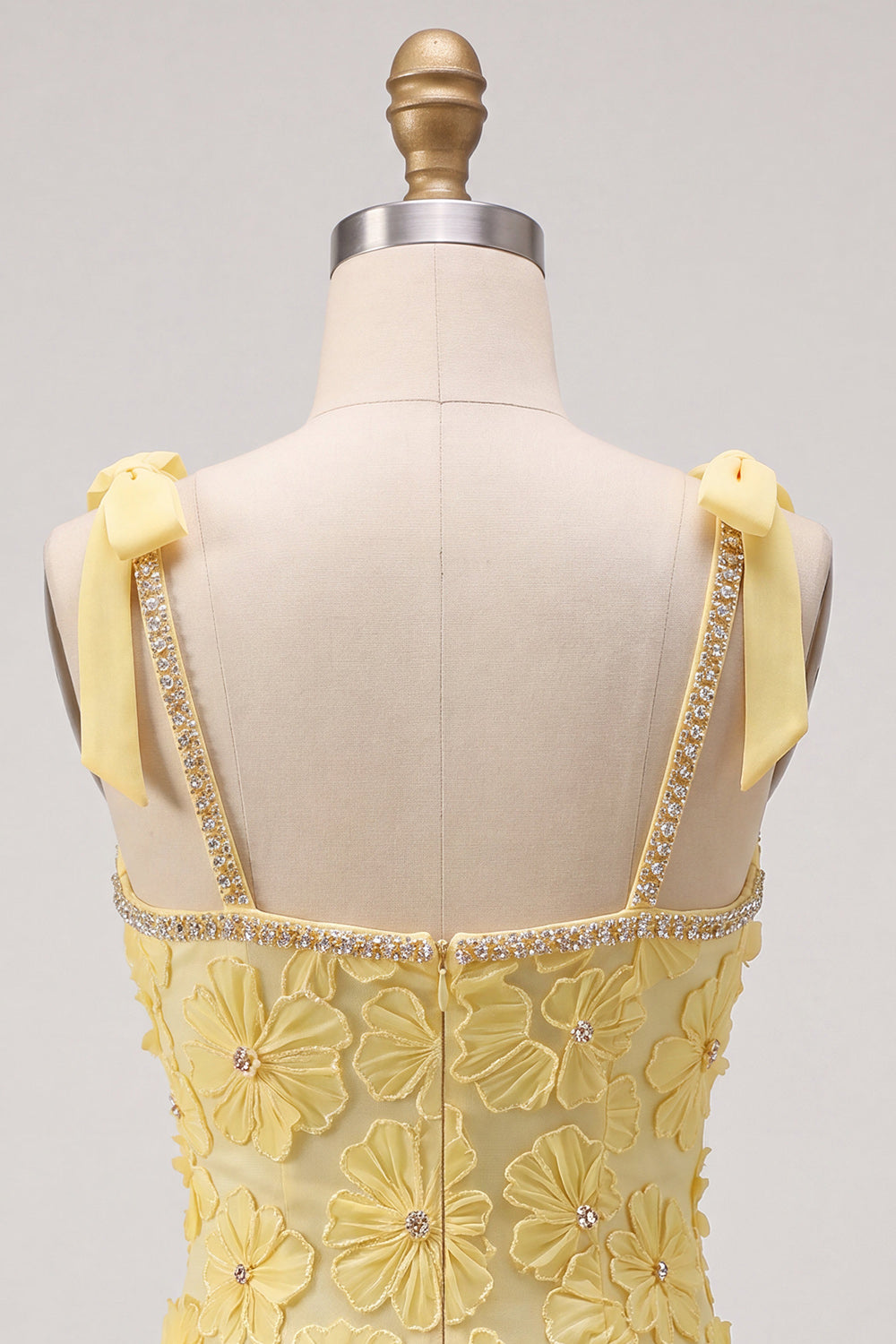 Floral Yellow Tight Sparkly Beaded Ruffled Short Cocktail Dress with Bows