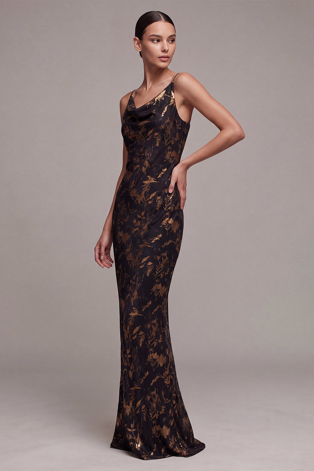 Black Floral Cowl Neck Mermaid Long Wedding Guest Dress