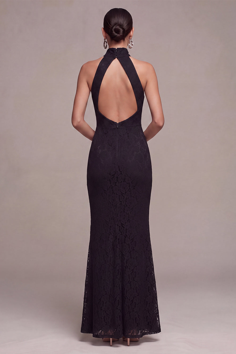 Black Halter Mermaid Lace Long Wedding Guest Dress