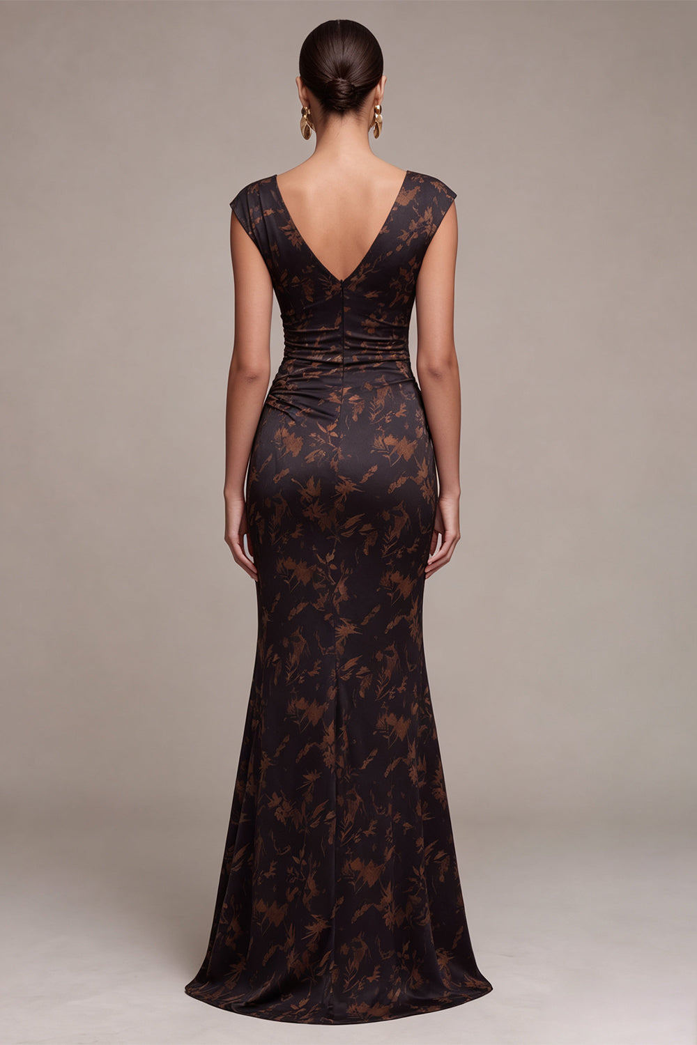 Floral Black Ruched Mermaid V-Neck Long Wedding Guest Dress