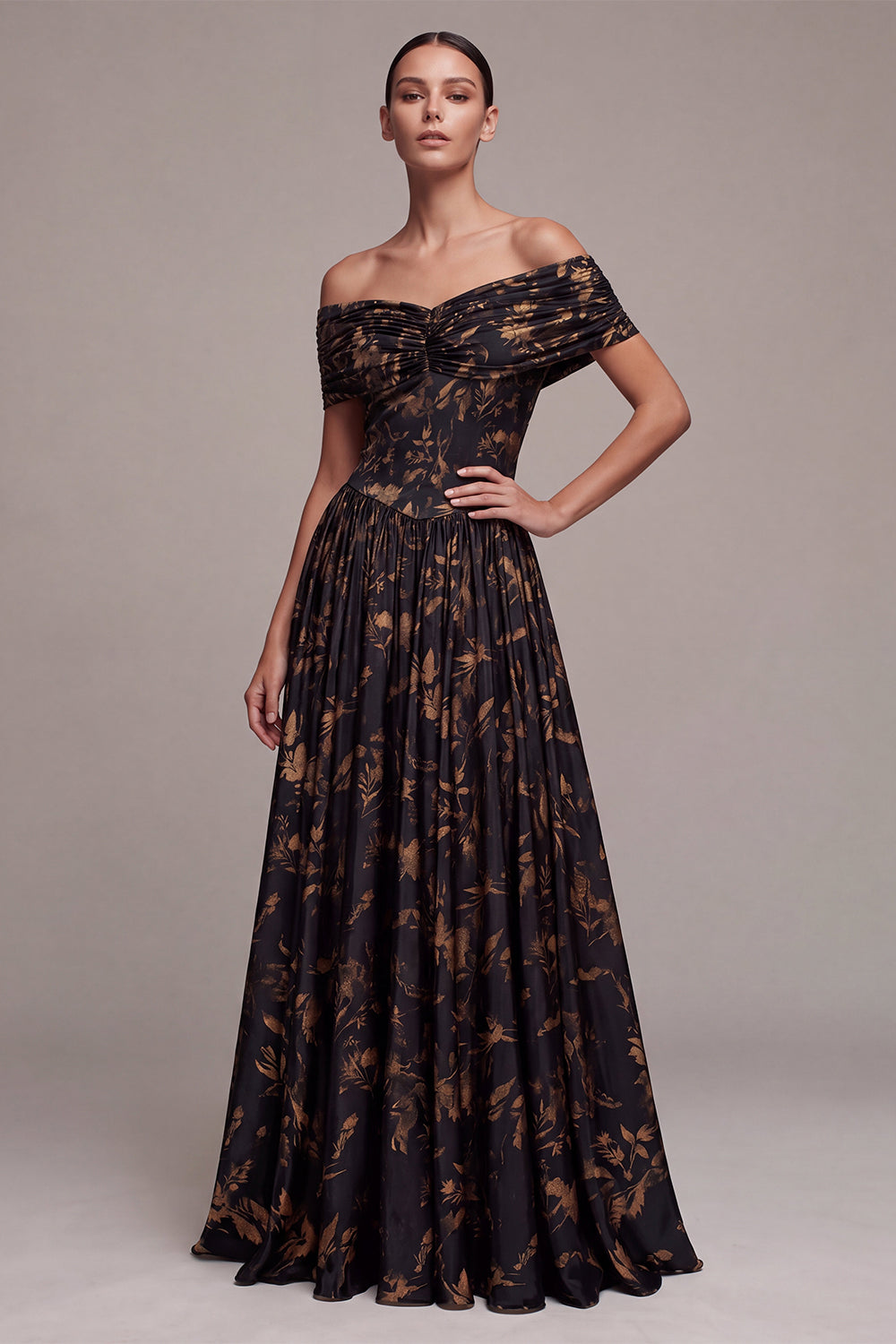 Black Floral A Line Pleated Off the Shoulder Long Wedding Guest Dress