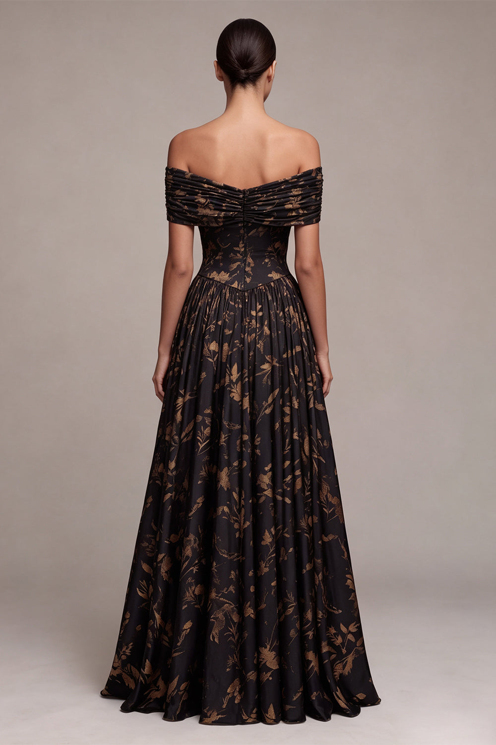Black Floral A Line Pleated Off the Shoulder Long Wedding Guest Dress
