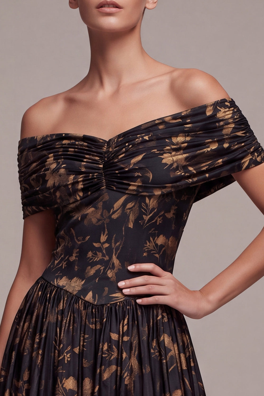 Black Floral A Line Pleated Off the Shoulder Long Wedding Guest Dress