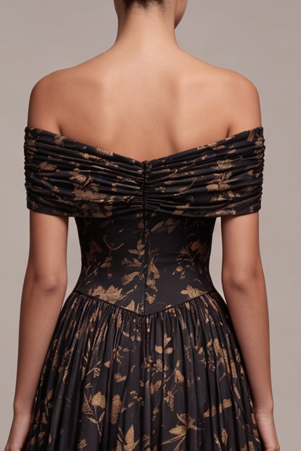 Black Floral A Line Pleated Off the Shoulder Long Wedding Guest Dress