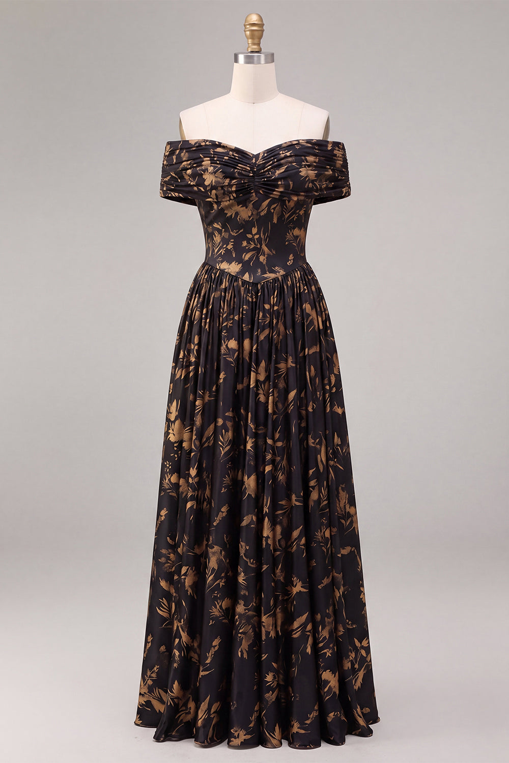 Black Floral A Line Pleated Off the Shoulder Long Wedding Guest Dress