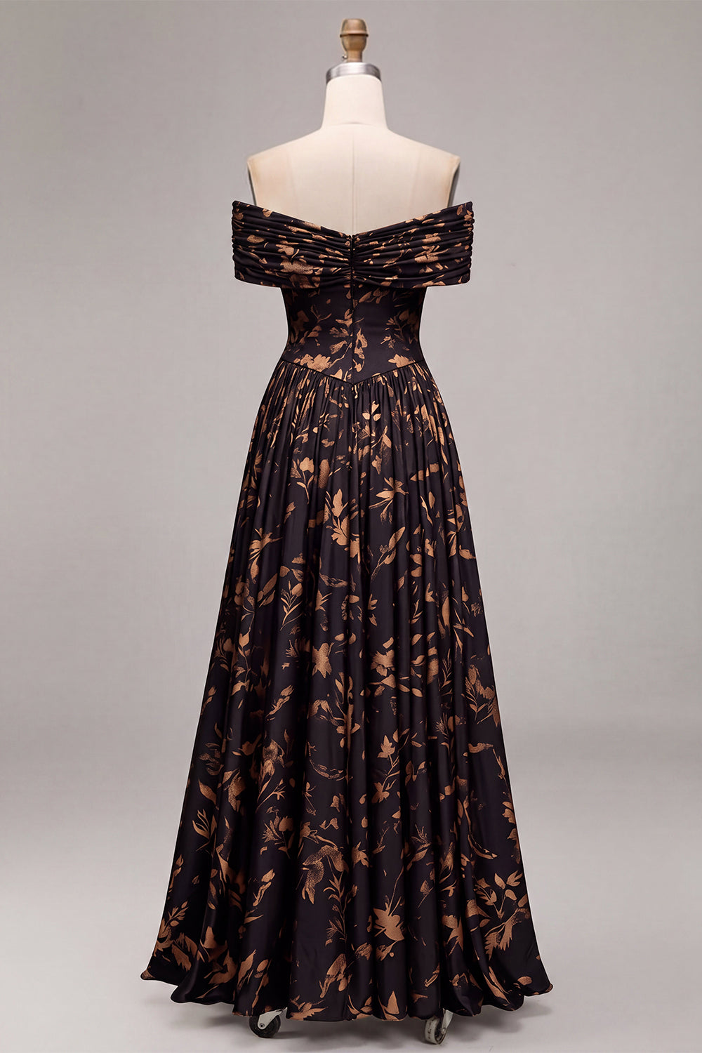 Black Floral A Line Pleated Off the Shoulder Long Wedding Guest Dress