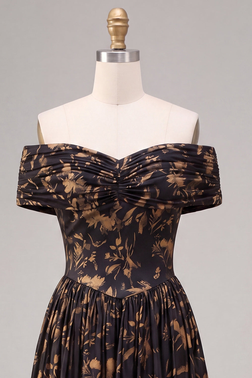 Black Floral A Line Pleated Off the Shoulder Long Wedding Guest Dress