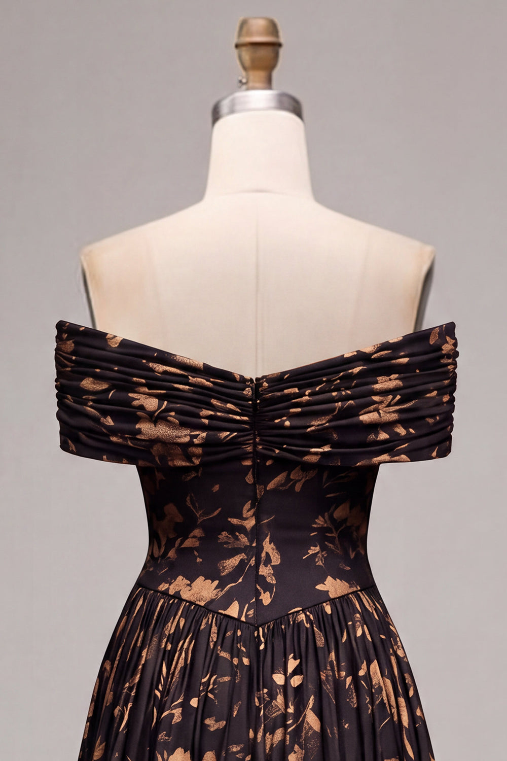 Black Floral A Line Pleated Off the Shoulder Long Wedding Guest Dress