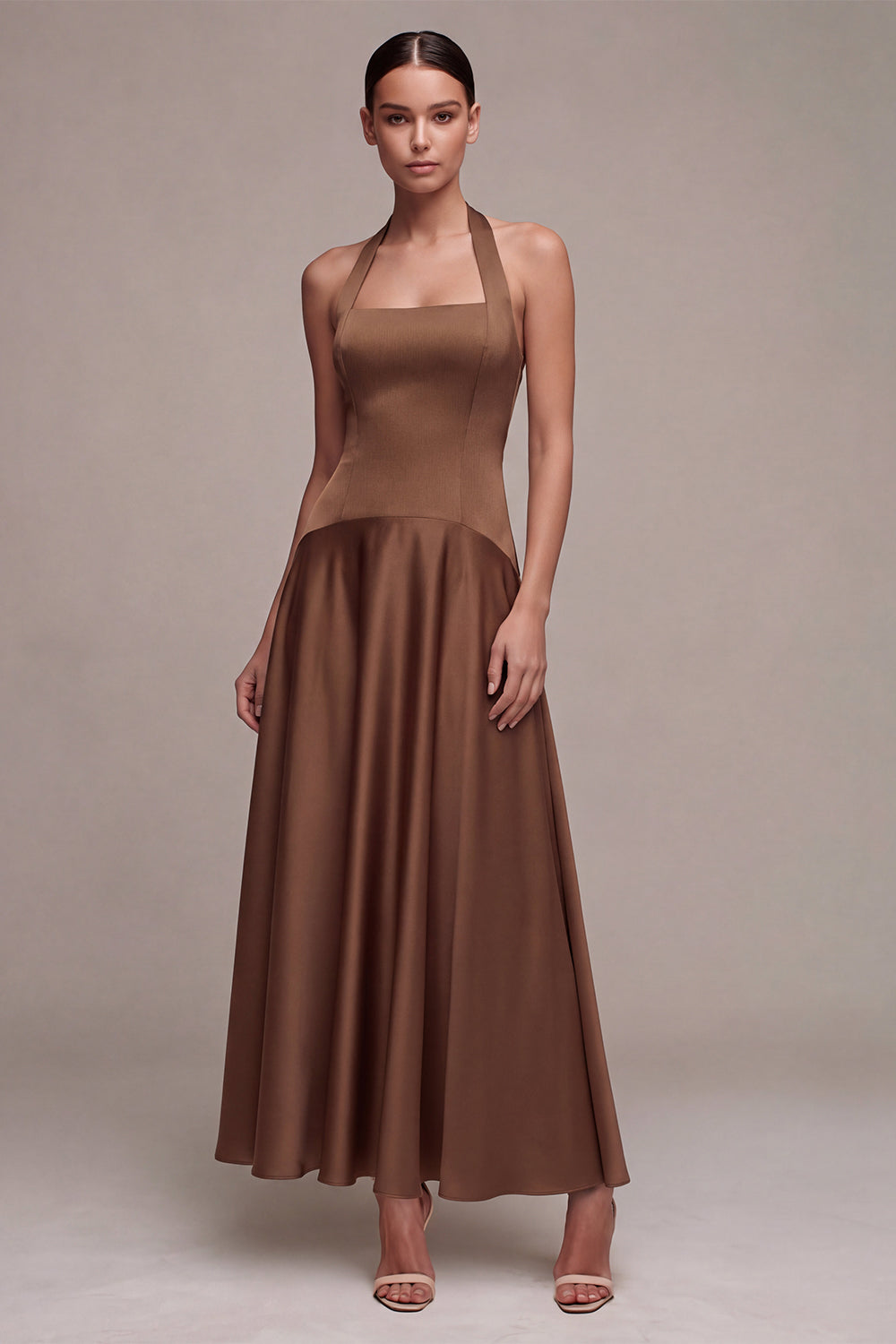 Coffee Simple Satin Halter A Line Long Wedding Guest Dress