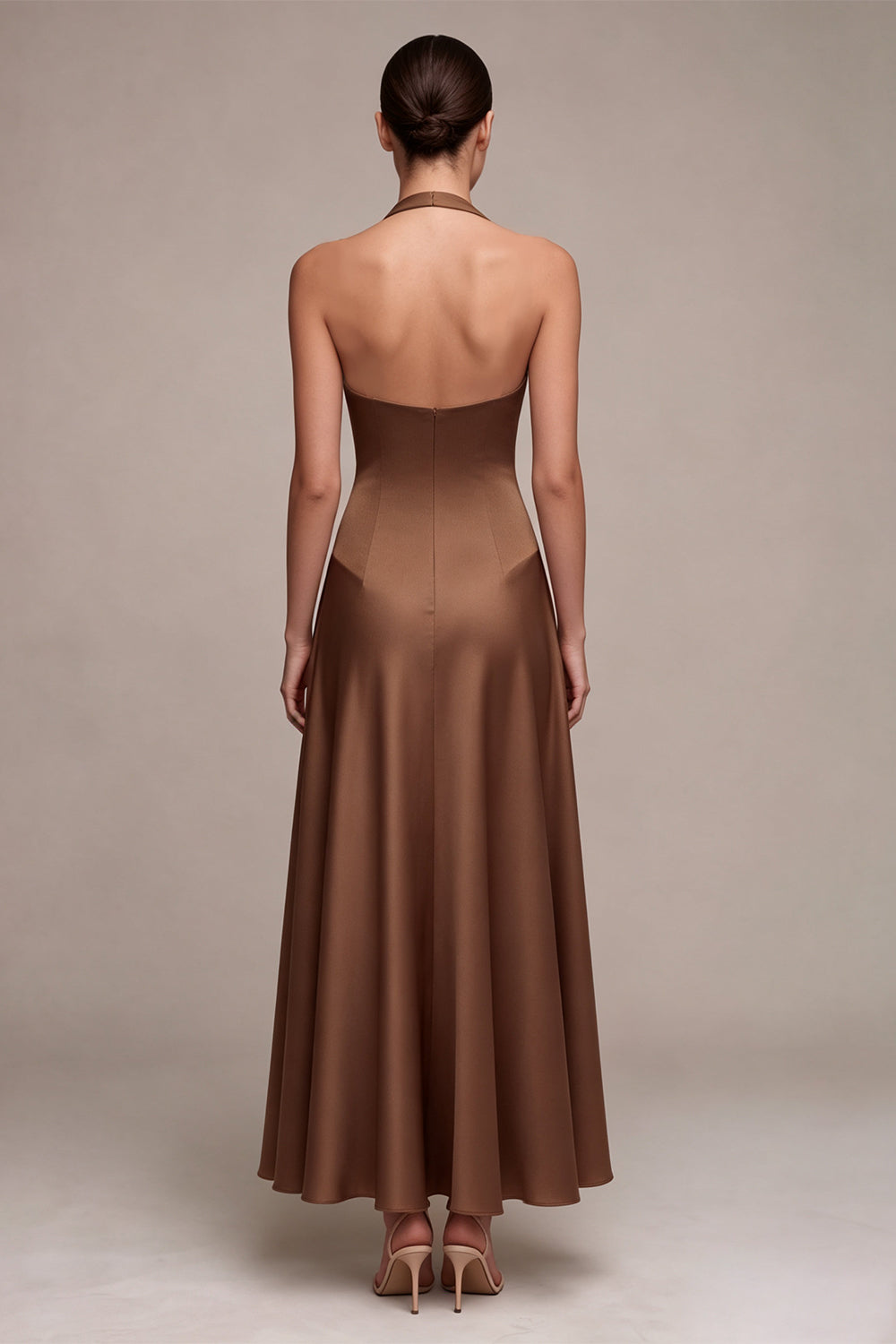 Coffee Simple Satin Halter A Line Long Wedding Guest Dress
