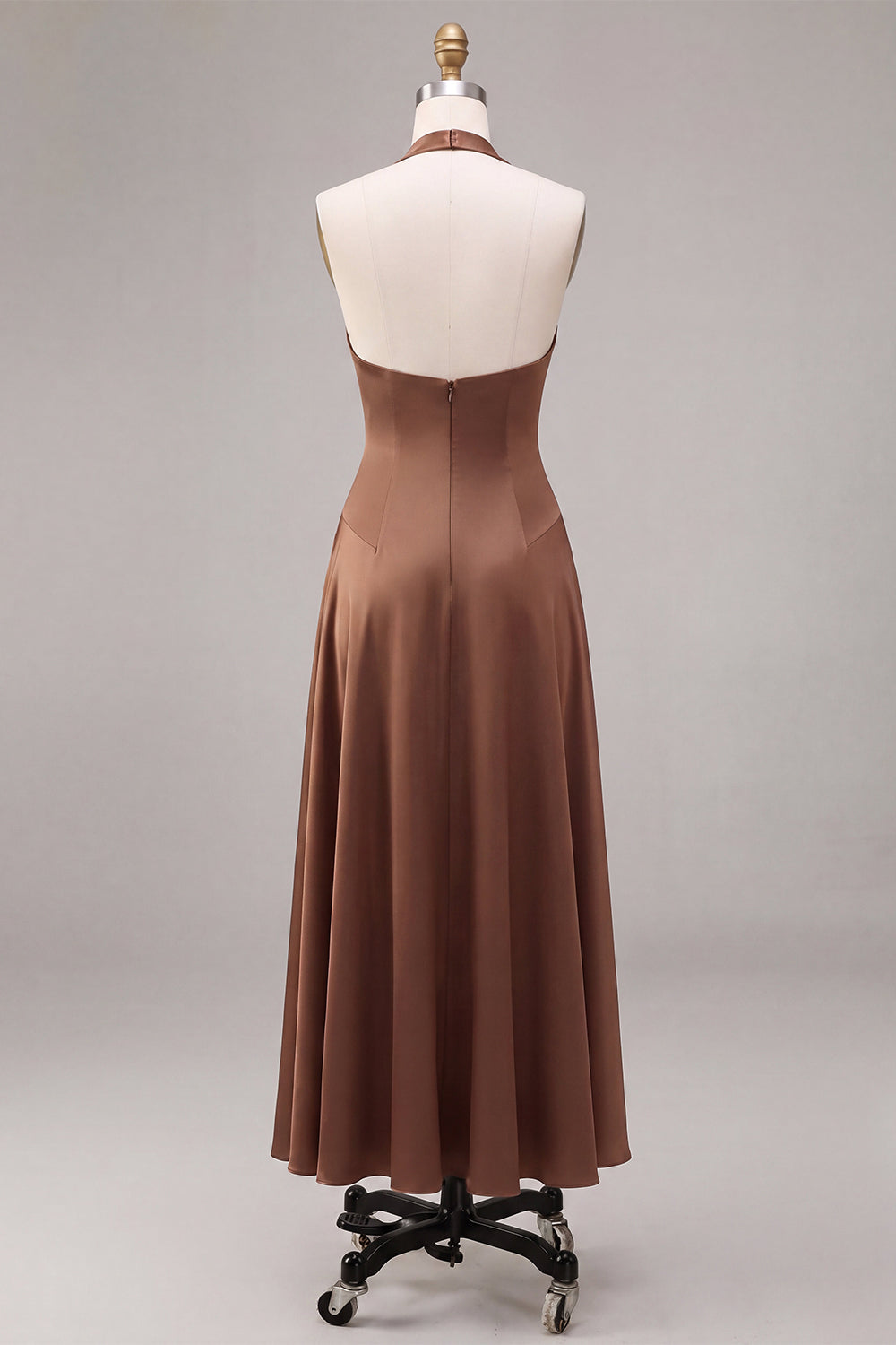 Coffee Simple Satin Halter A Line Long Wedding Guest Dress