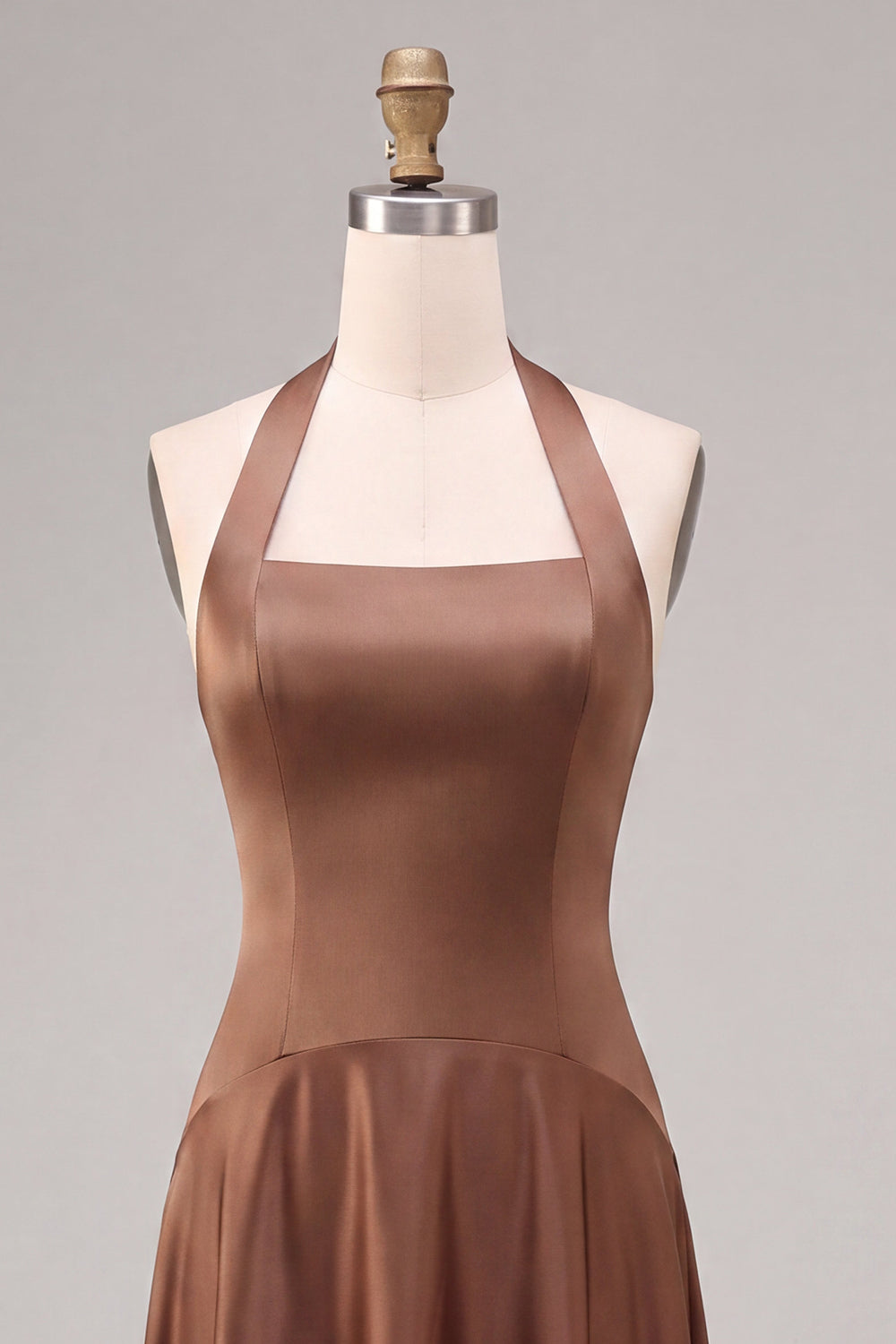 Coffee Simple Satin Halter A Line Long Wedding Guest Dress