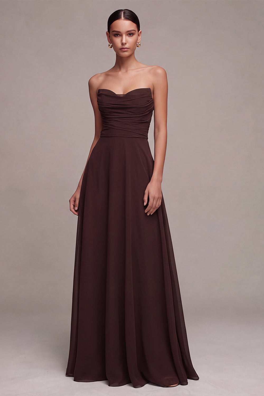 Dark Coffee Strapless A Line Long Wedding Guest Dress