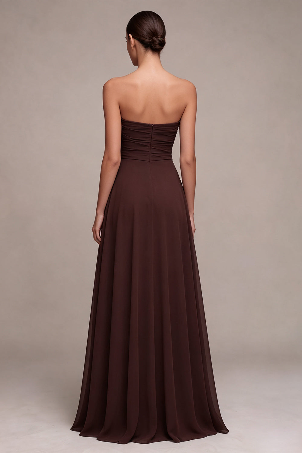Dark Coffee Strapless A Line Long Wedding Guest Dress