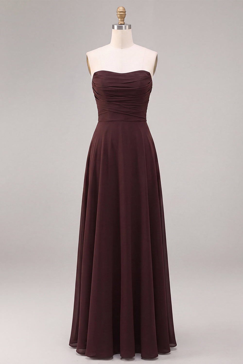 Dark Coffee Strapless A Line Long Wedding Guest Dress