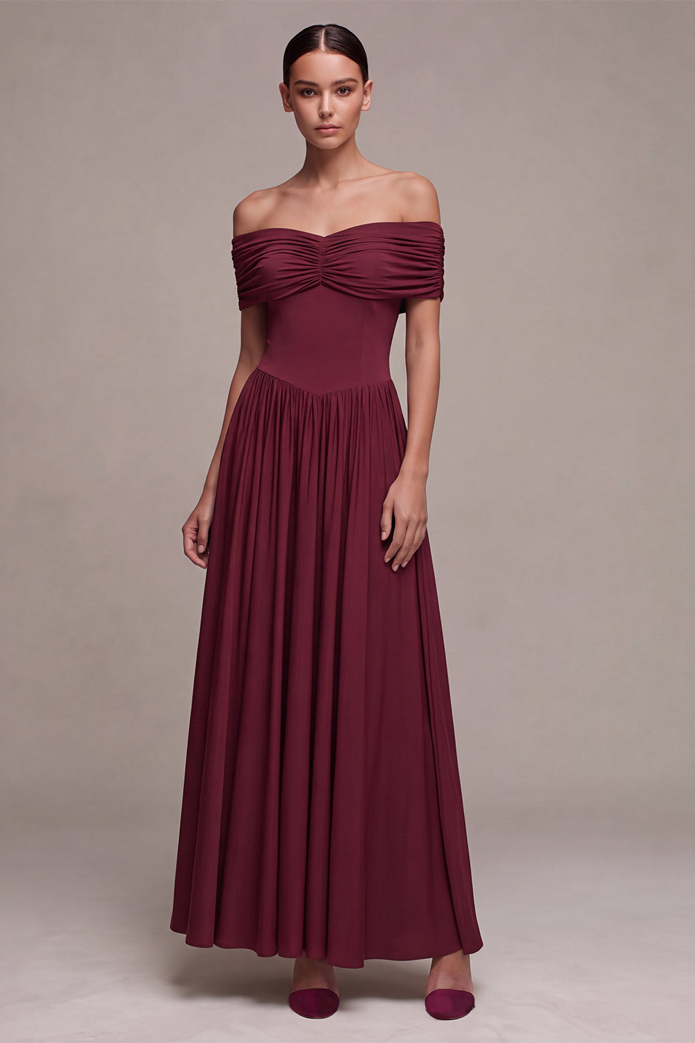 Burgundy Simple Off The Shoulder A Line Pleated Long Wedding Guest Dress