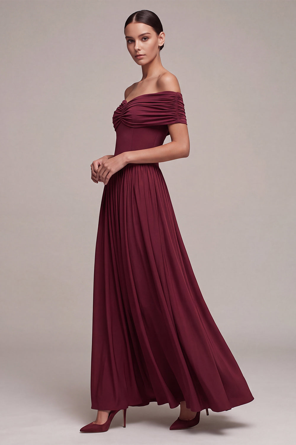 Burgundy Simple Off The Shoulder A Line Pleated Long Wedding Guest Dress