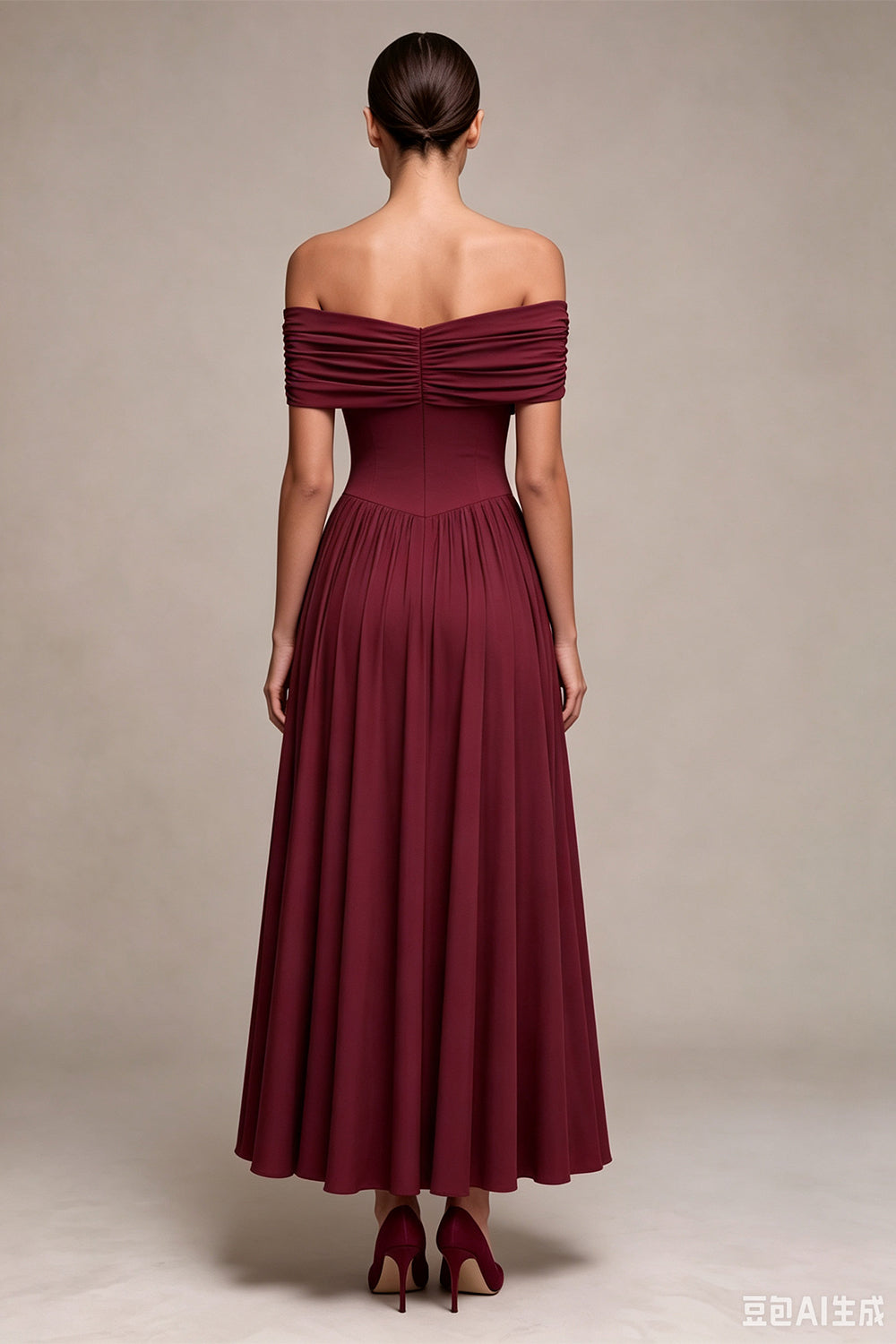 Burgundy Simple Off The Shoulder A Line Pleated Long Wedding Guest Dress