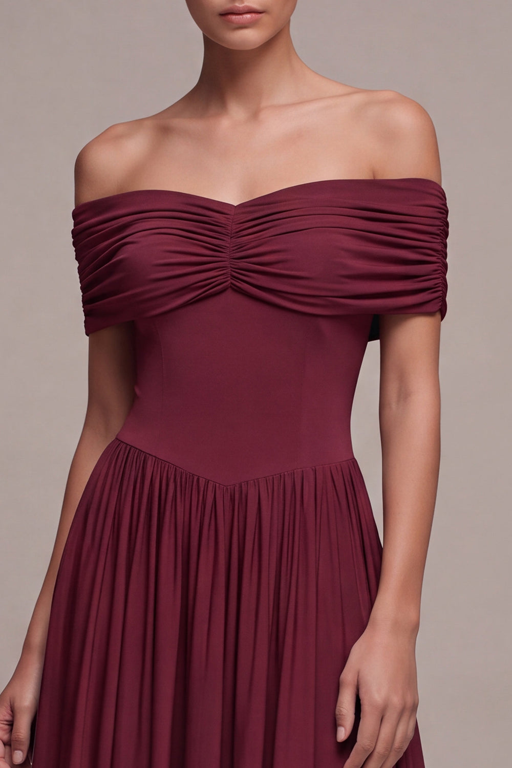 Burgundy Simple Off The Shoulder A Line Pleated Long Wedding Guest Dress