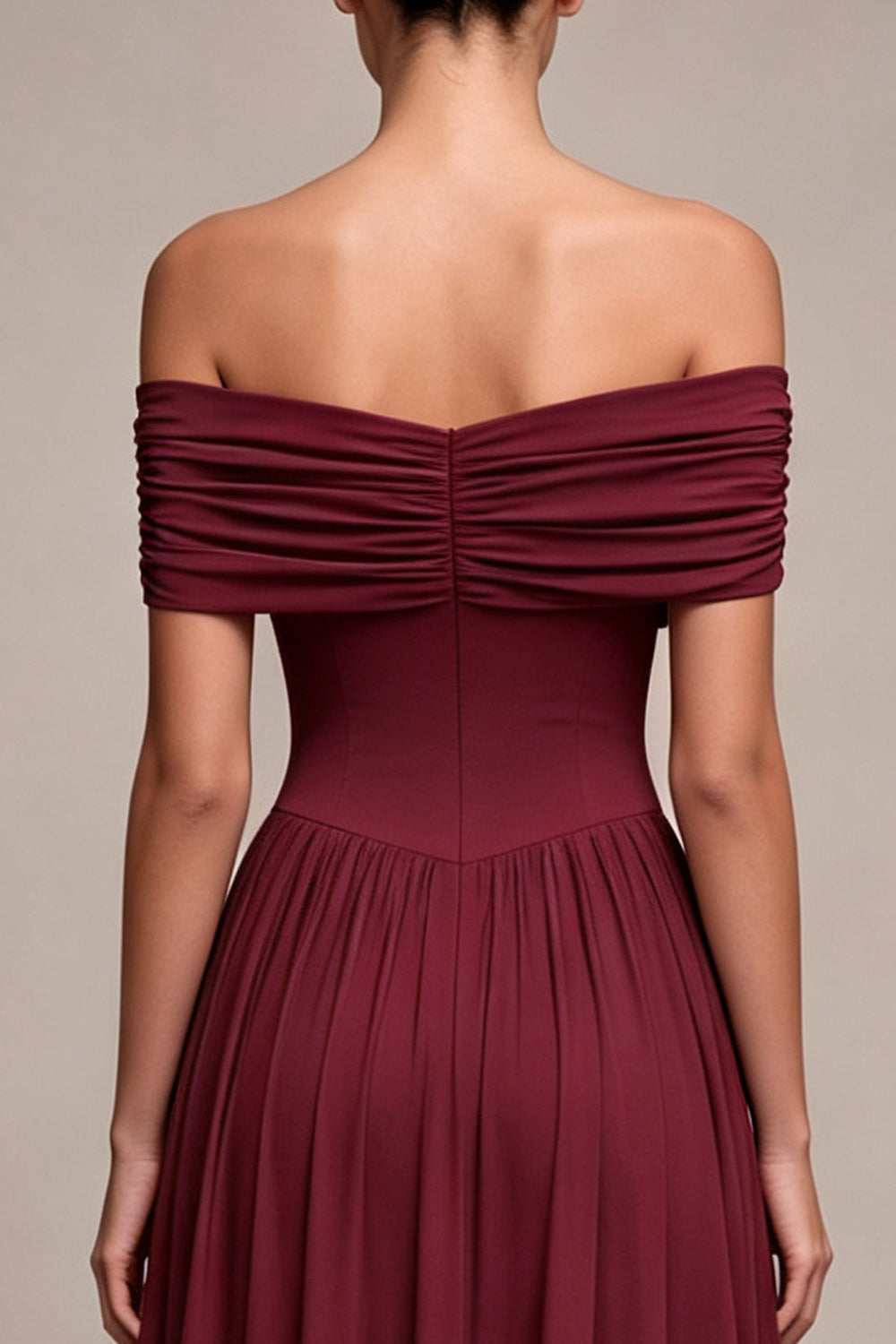 Burgundy Simple Off The Shoulder A Line Pleated Long Wedding Guest Dress
