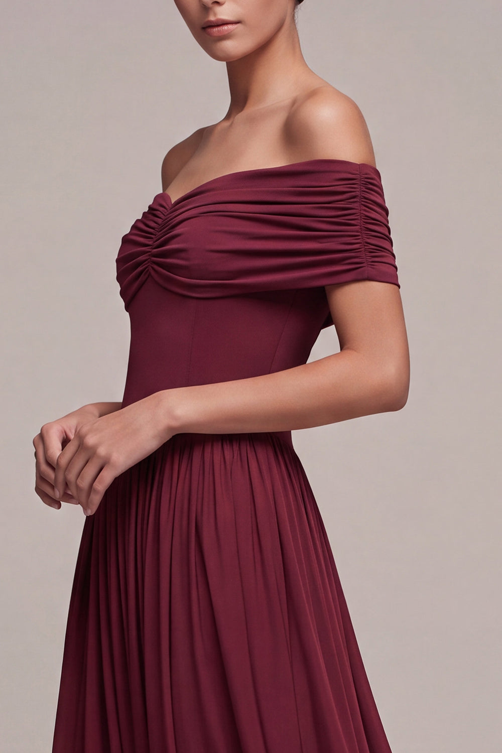 Burgundy Simple Off The Shoulder A Line Pleated Long Wedding Guest Dress
