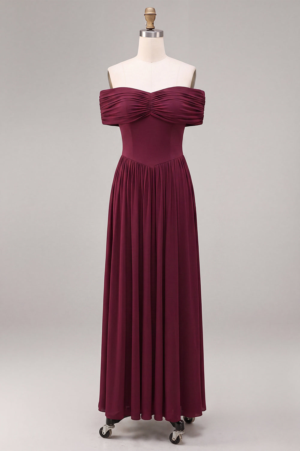 Burgundy Simple Off The Shoulder A Line Pleated Long Wedding Guest Dress