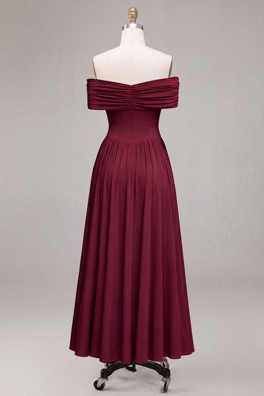 Burgundy Simple Off The Shoulder A Line Pleated Long Wedding Guest Dress