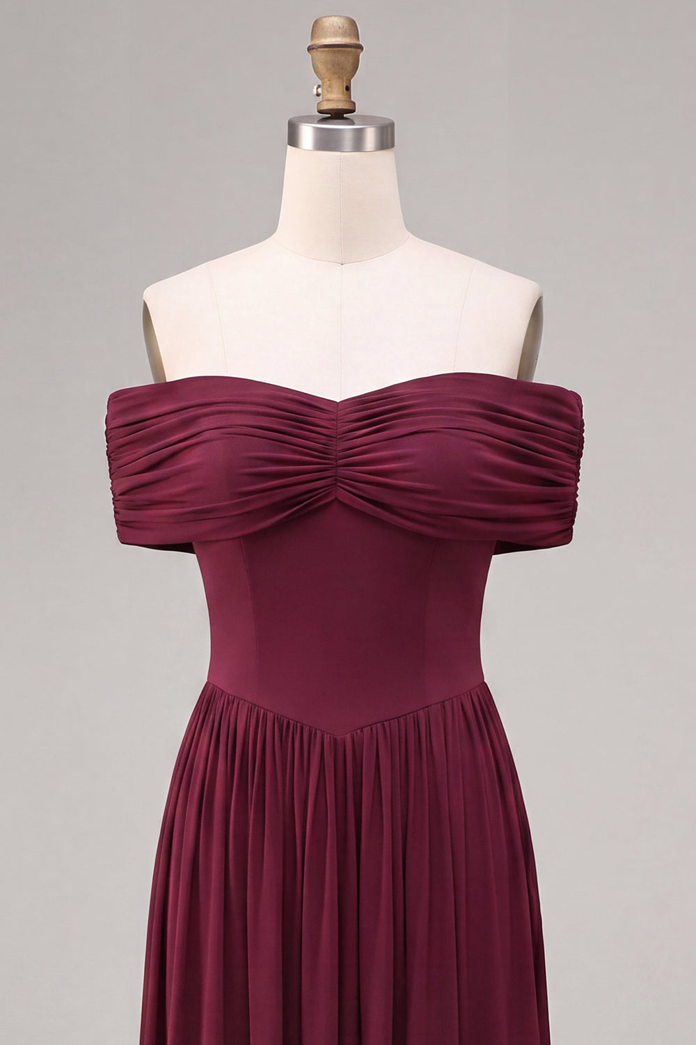 Burgundy Simple Off The Shoulder A Line Pleated Long Wedding Guest Dress