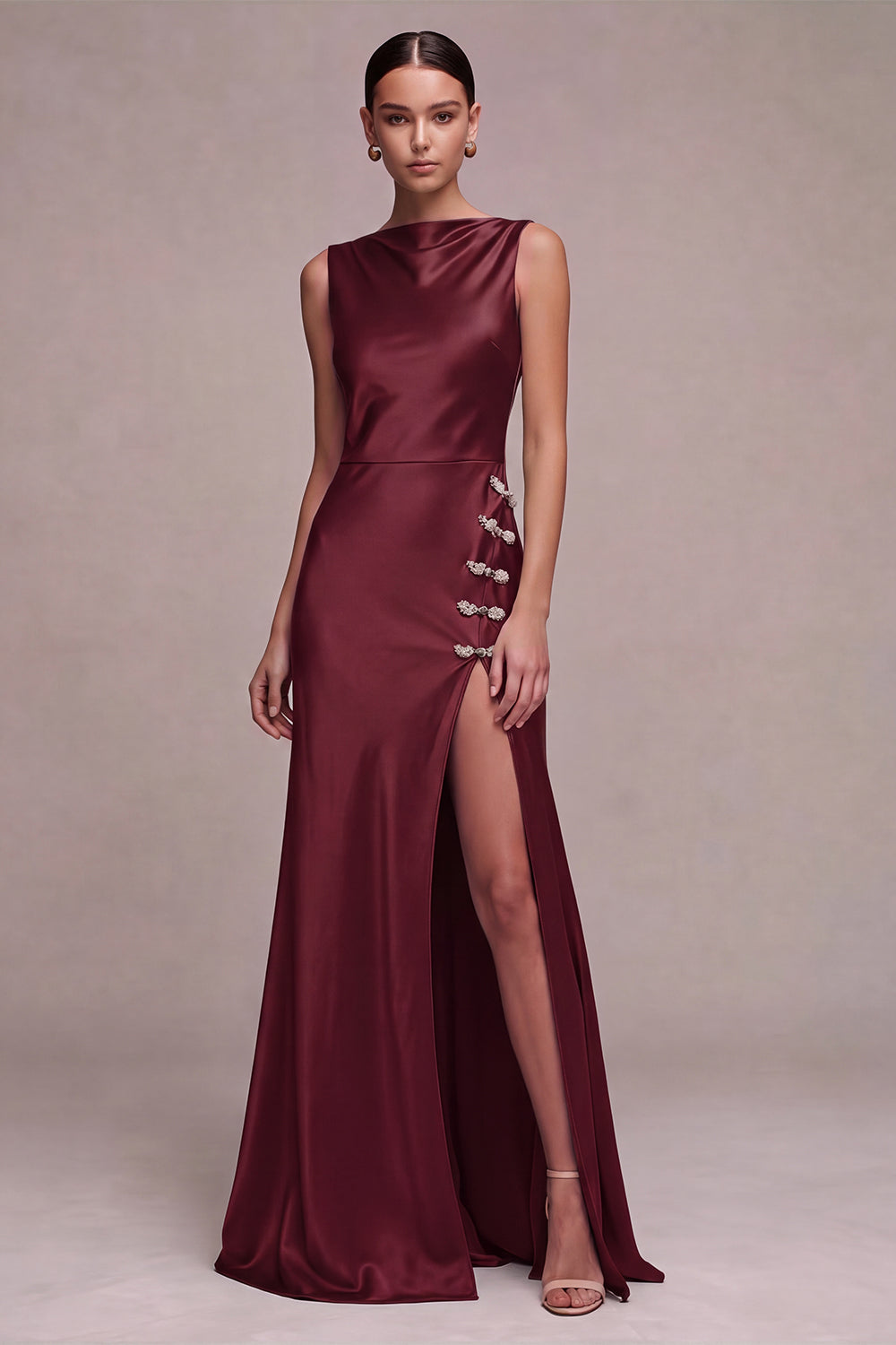 Burgundy Simple Mermaid Satin Long Wedding Guest Dress with Slit