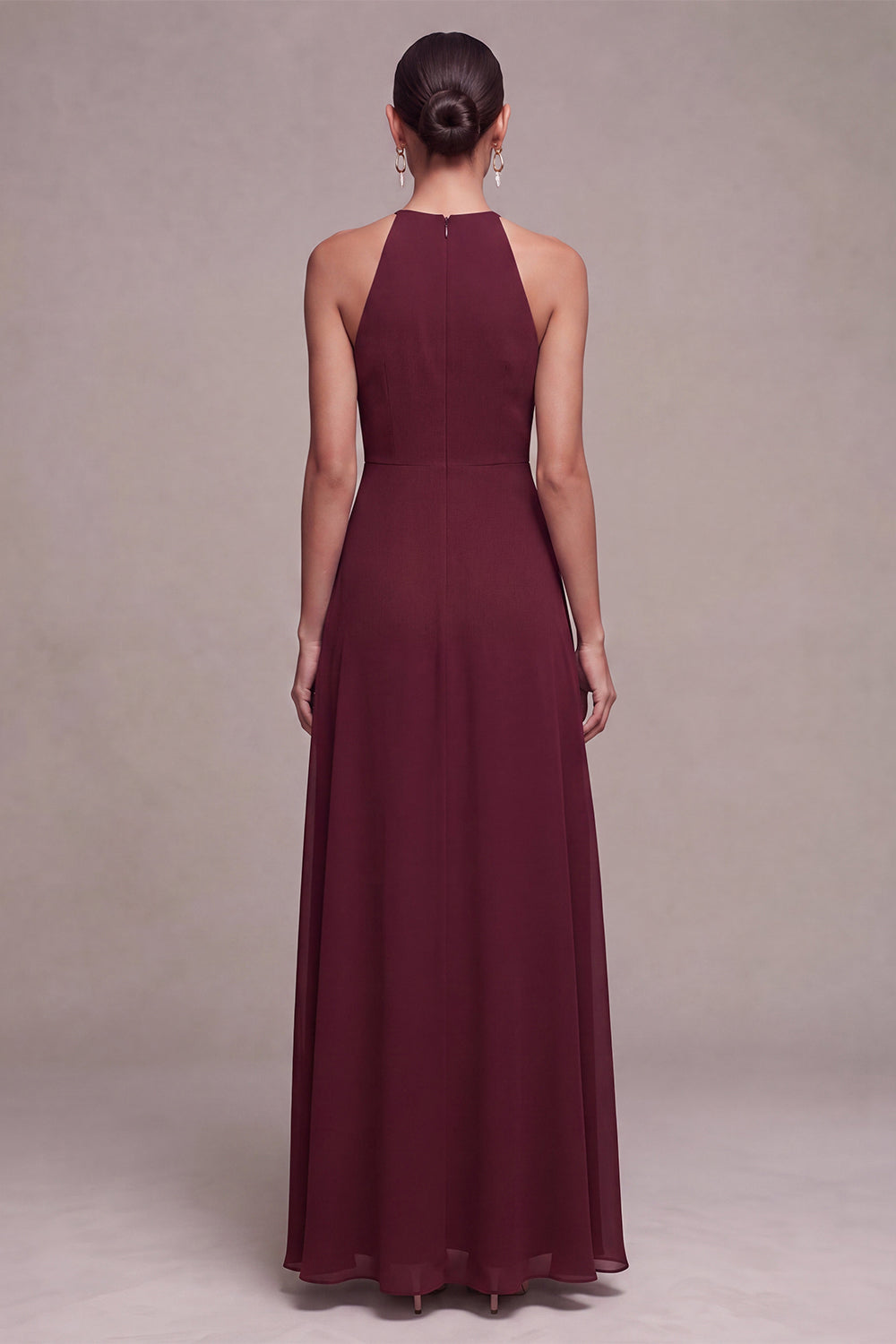 Burgundy Chiffon A Line Keyhole Long Wedding Guest Dress with Sash