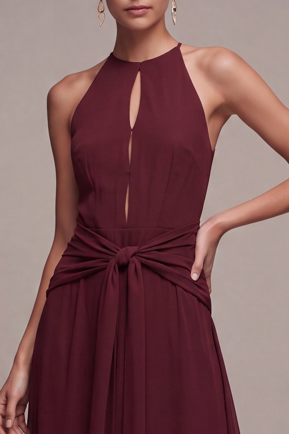 Burgundy Chiffon A Line Keyhole Long Wedding Guest Dress with Sash