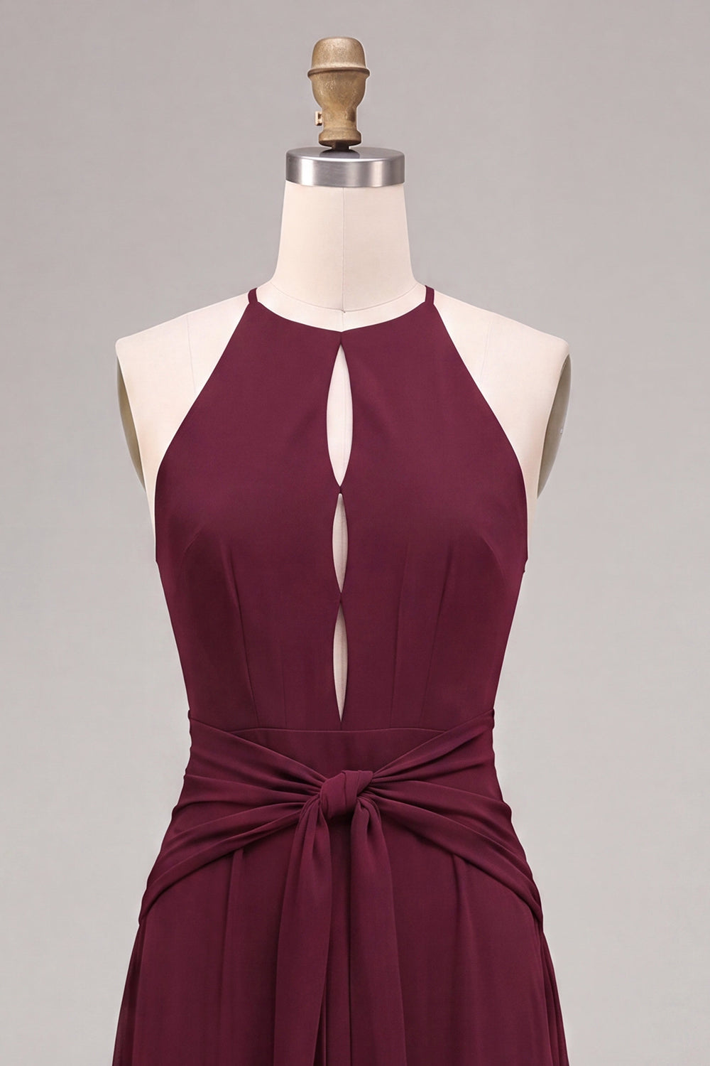 Burgundy Chiffon A Line Keyhole Long Wedding Guest Dress with Sash