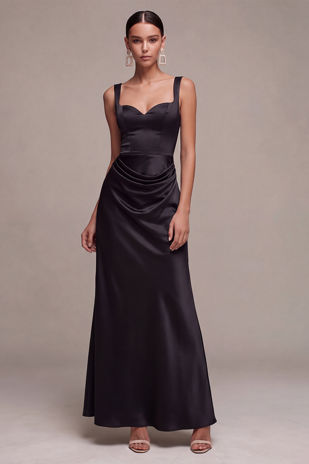 Dresstells Women Black Simple Satin Mermaid Long Wedding Guest Dress Thick Straps Draped Formal Dress
